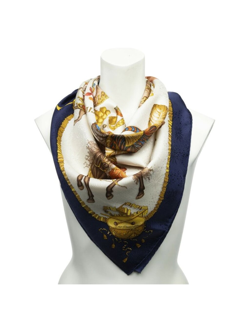 Hermes Scarf Navy Ivory Gold 100% Jacquard Silk